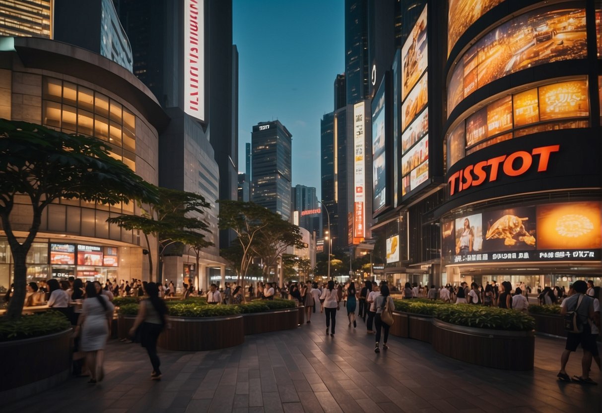 A bustling city street with bright lights and colorful advertisements for Tissot watches in Singapore