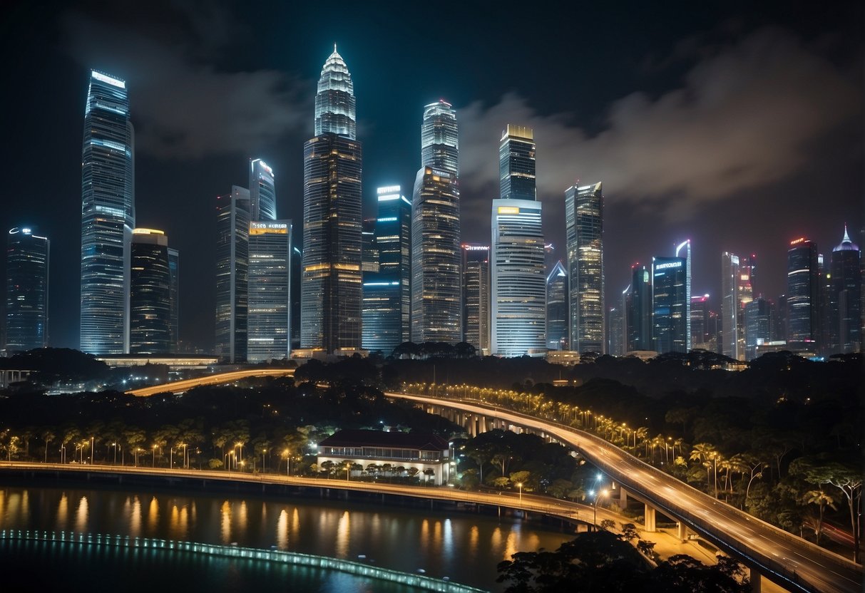 A bustling cityscape with towering skyscrapers and vibrant city lights, showcasing the bustling energy and modernity of Tamron promotions in Singapore