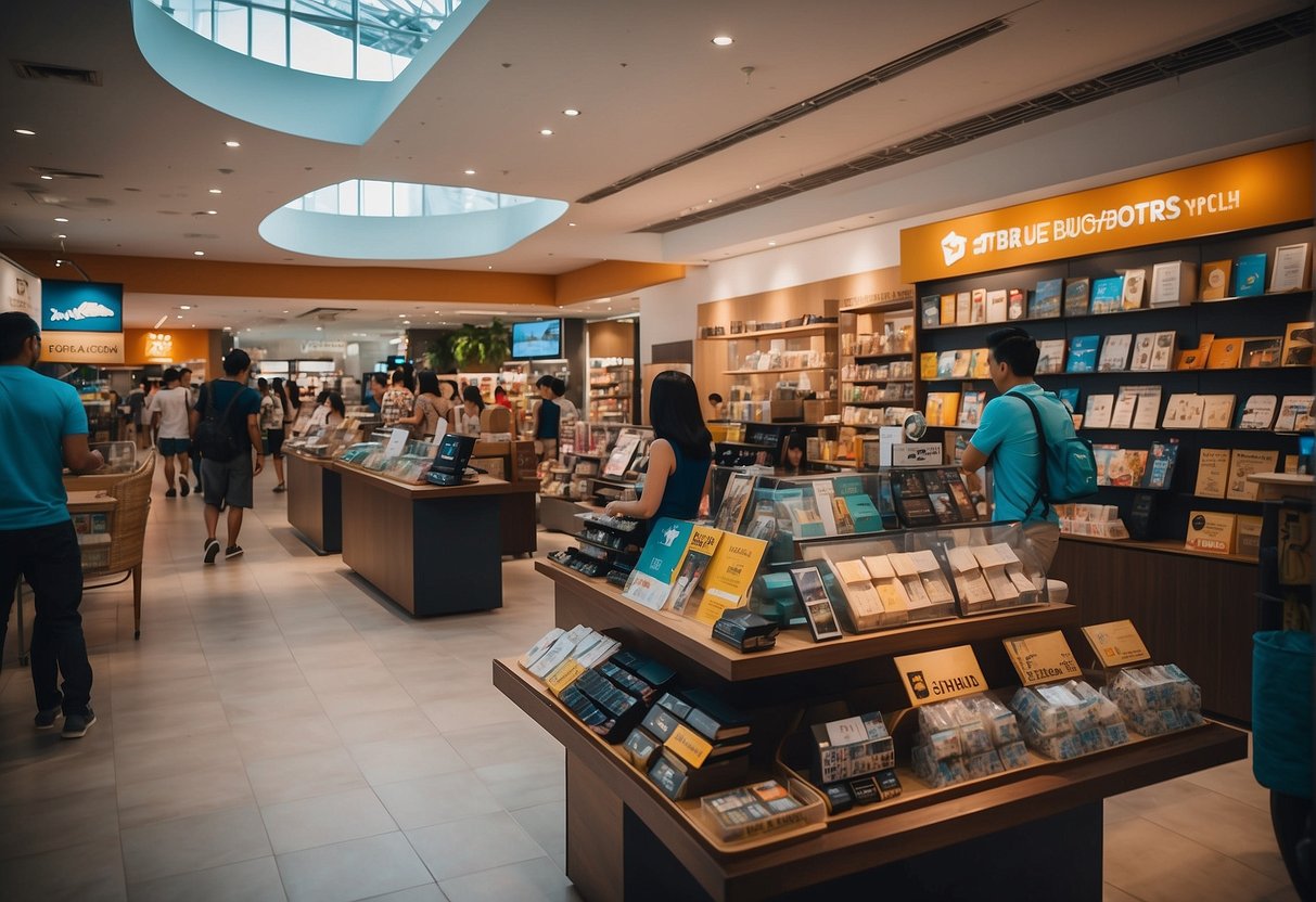 The travel store in Singapore is bustling with colorful promotional displays and excited customers browsing through travel accessories and vacation packages