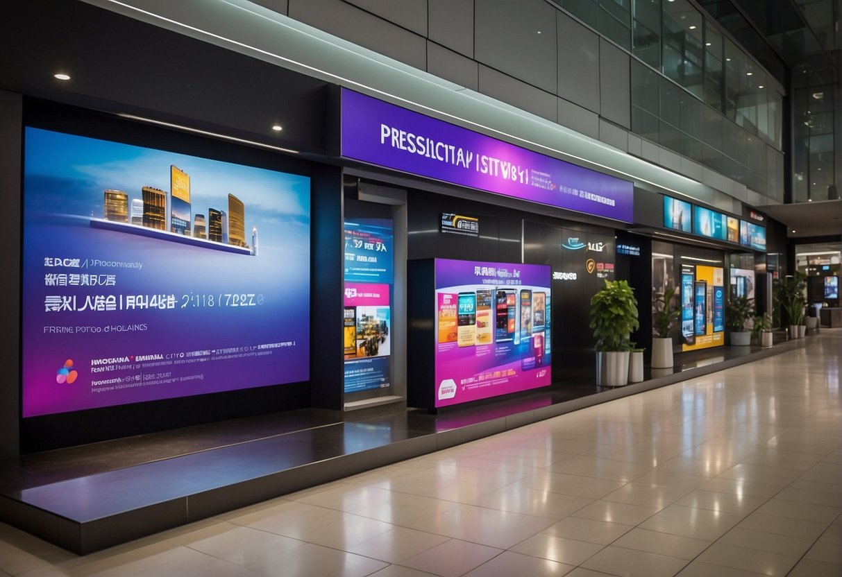 A colorful display of telco promotional materials in Singapore, featuring eye-catching banners and signage