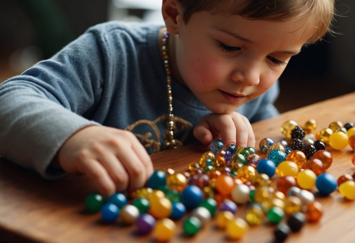 A 5-year-old child engages in sensory play with various textures and objects, using their fingers to manipulate and explore. They practice fine motor skills by picking up small items and threading beads onto a string