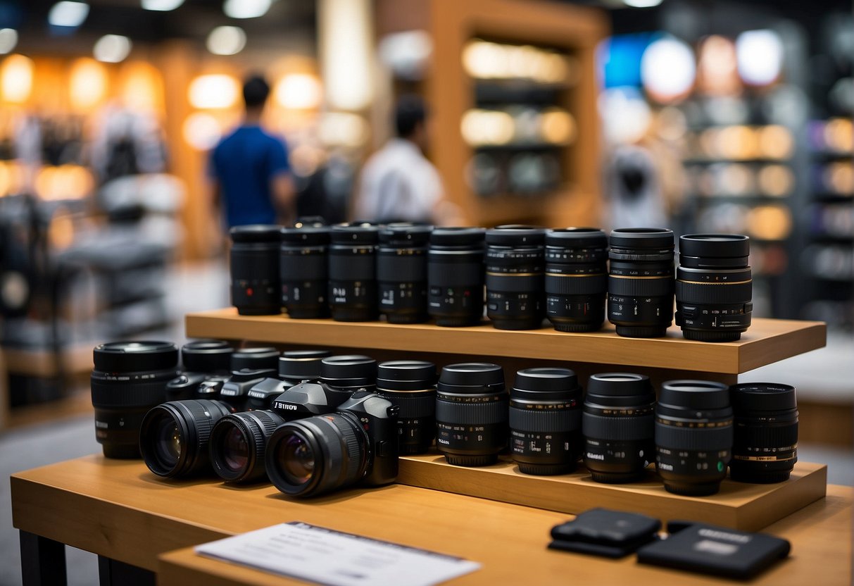 A display of travel photography gear with Tamron promotions in a Singapore store