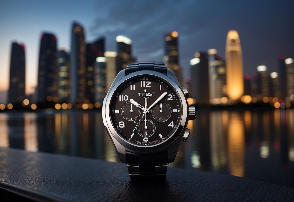 A sleek Tissot PRX watch displayed against a backdrop of modern Singapore skyline, with city lights and reflections