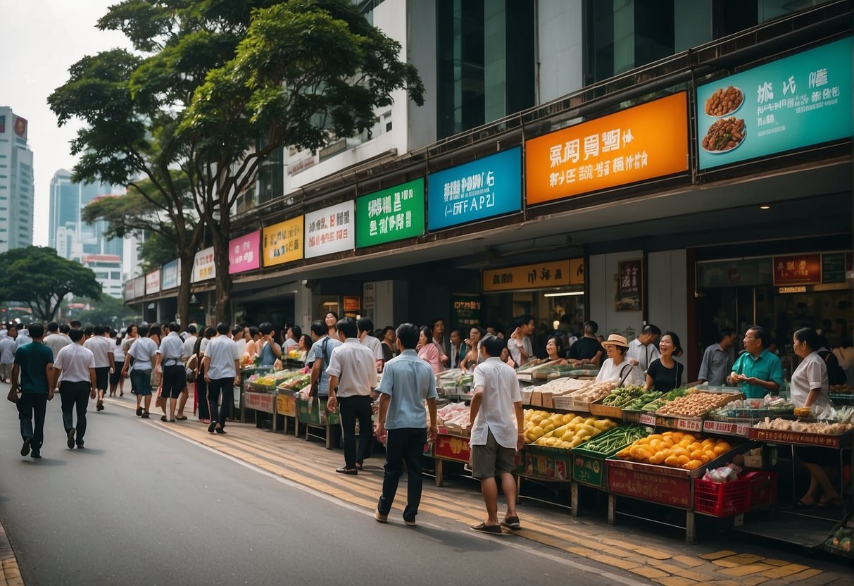A busy street in Singapore with colorful signs and banners promoting various products and services