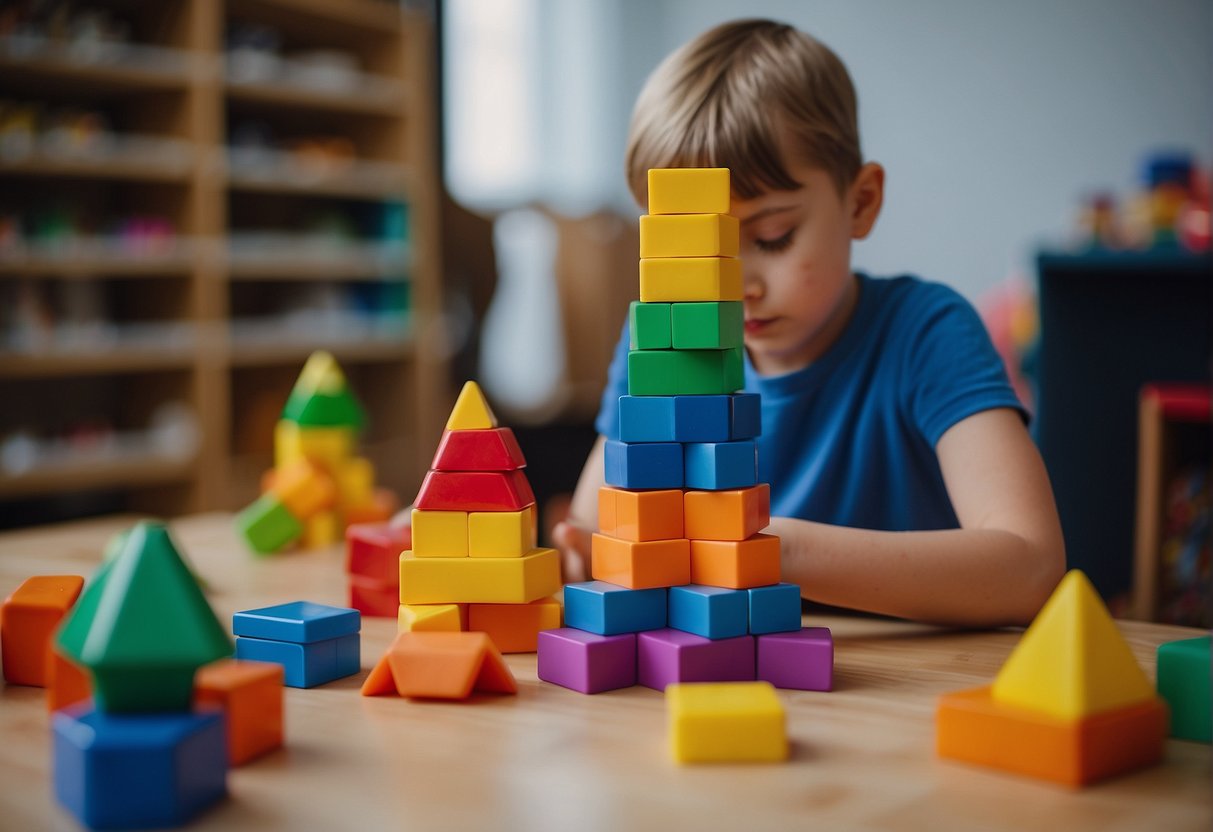 A 5-year-old child arranging colorful blocks into a tower, while nearby, working on a puzzle with various shapes and sizes