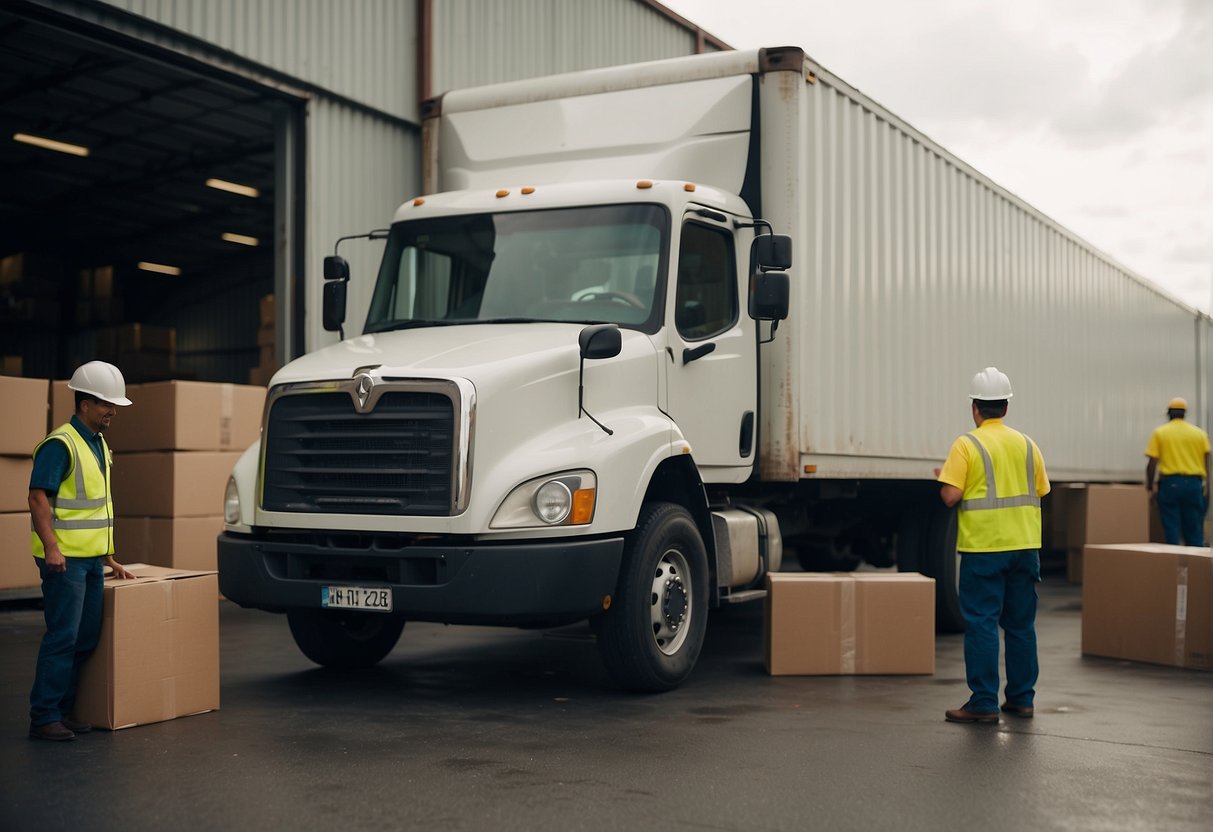 A delivery truck parked outside a warehouse, with packages being loaded onto it by workers. An open shipping container and a stack of boxes nearby