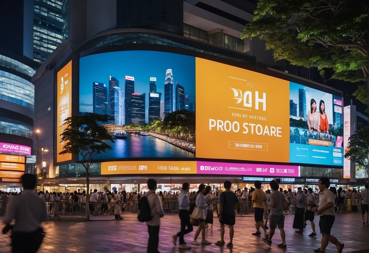 A crowded city street with large billboards advertising mobile and broadband promotions in Singapore. Bright lights and bustling activity create a lively atmosphere