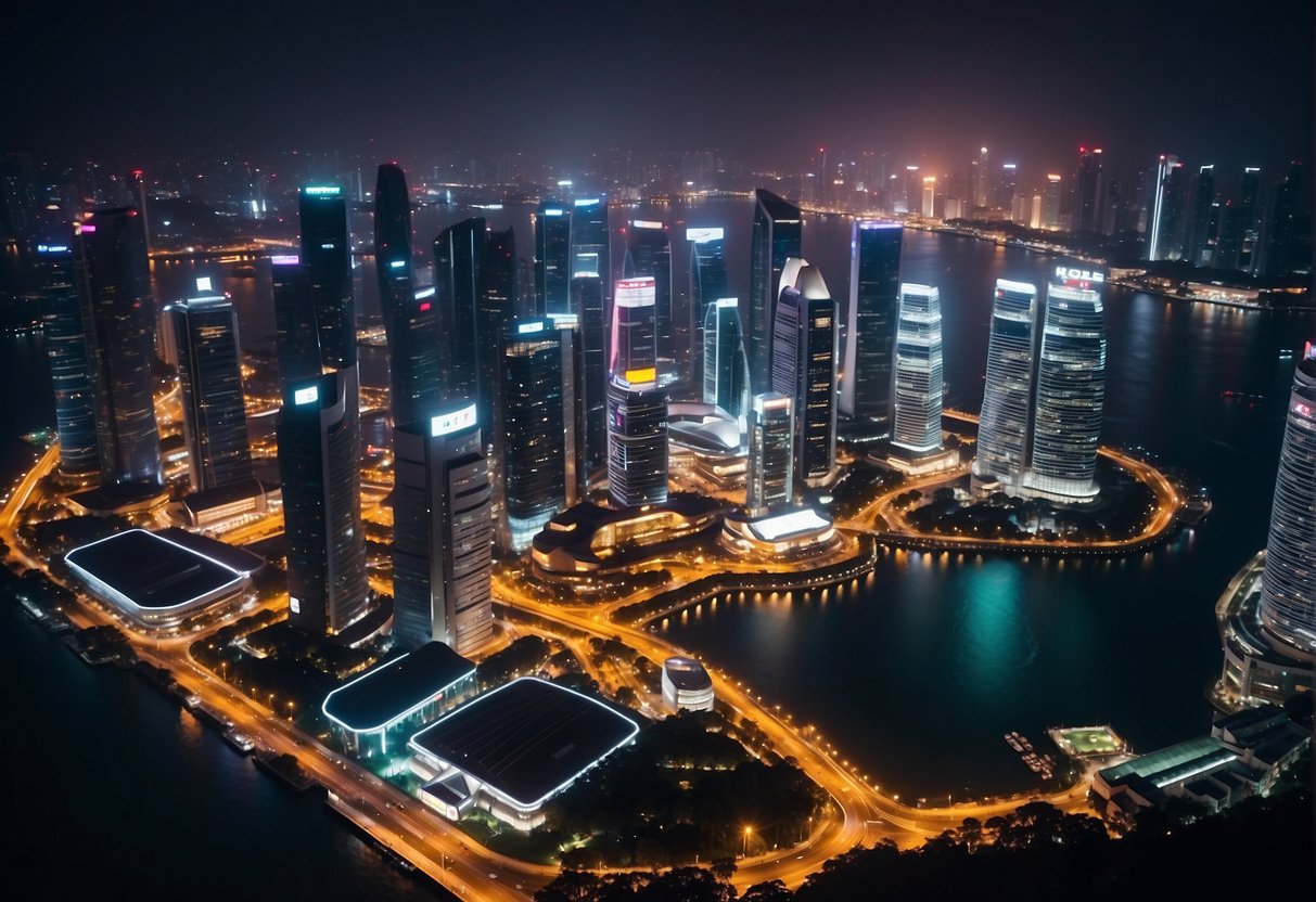 A vibrant cityscape with neon lights and bustling crowds, showcasing exciting tech promotions in Singapore