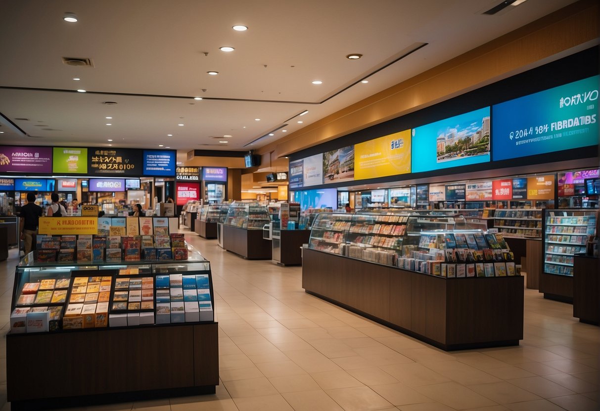 A bustling travel store in Singapore showcases exclusive 2024 travel promotions with colorful banners and excited customers browsing the latest deals