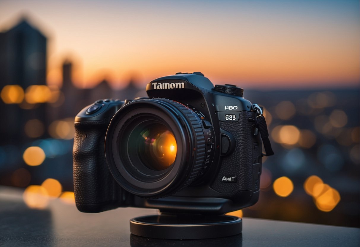 A camera capturing a vibrant cityscape at dusk with the Tamron lens attached, showcasing the beauty of the urban environment