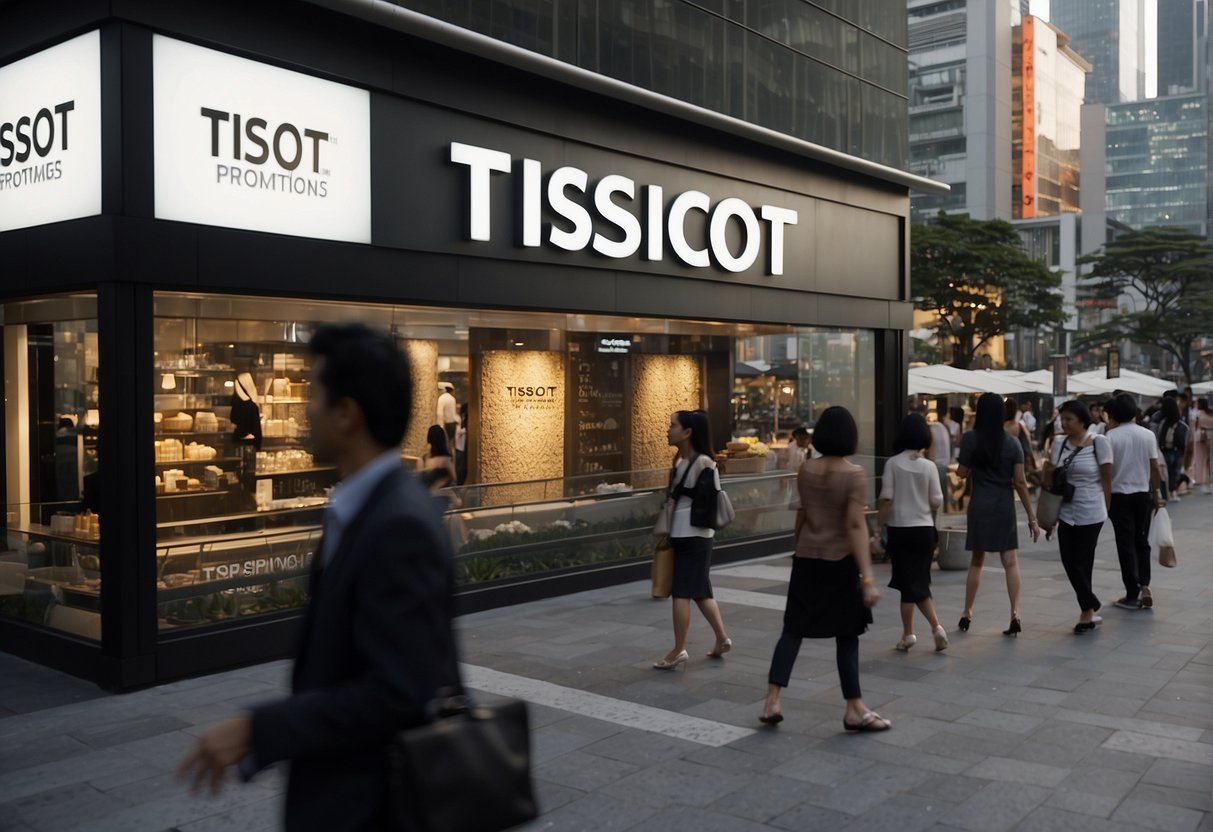 A bustling city street with a prominent storefront displaying a sign for "Tissot Promotions Singapore." Pedestrians pass by, some stopping to glance at the display