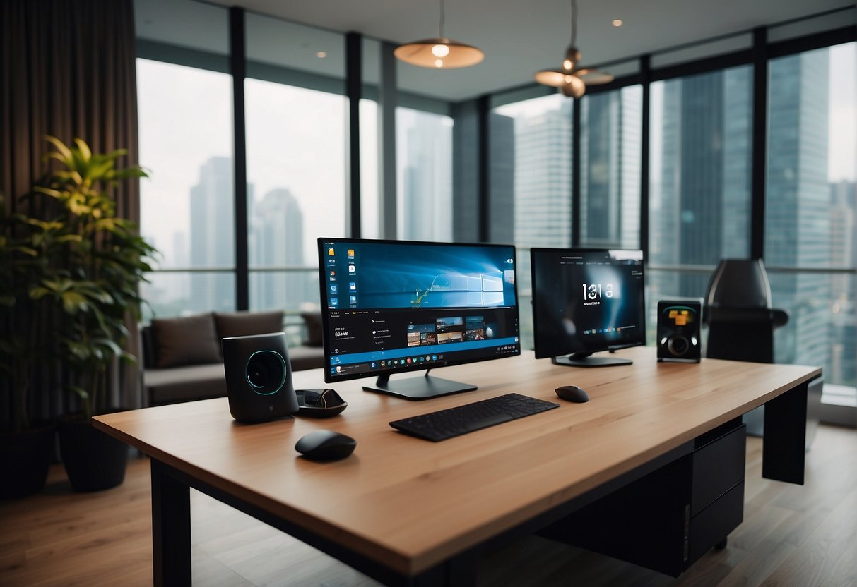 A room filled with sleek home entertainment and office tech gadgets, featuring Surface 4 promotions in Singapore