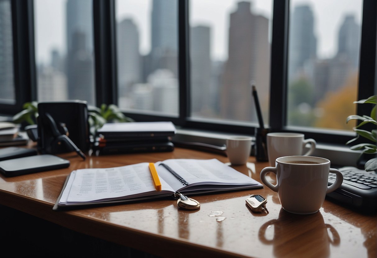 A cluttered desk with scattered papers, a pen, and a half-empty coffee mug. A window reveals a rainy cityscape