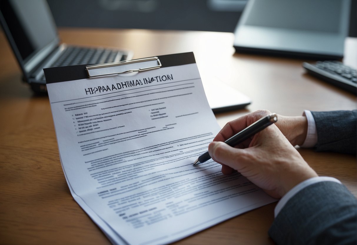 A person reading a document labeled "HIPAA and Health Information" with a pen in hand, sitting at a desk with a computer and files in the background