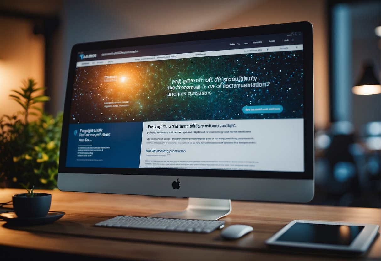 A brightly lit room with a computer screen displaying the "Frequently Asked Questions" page of the Tamron promotions Singapore website