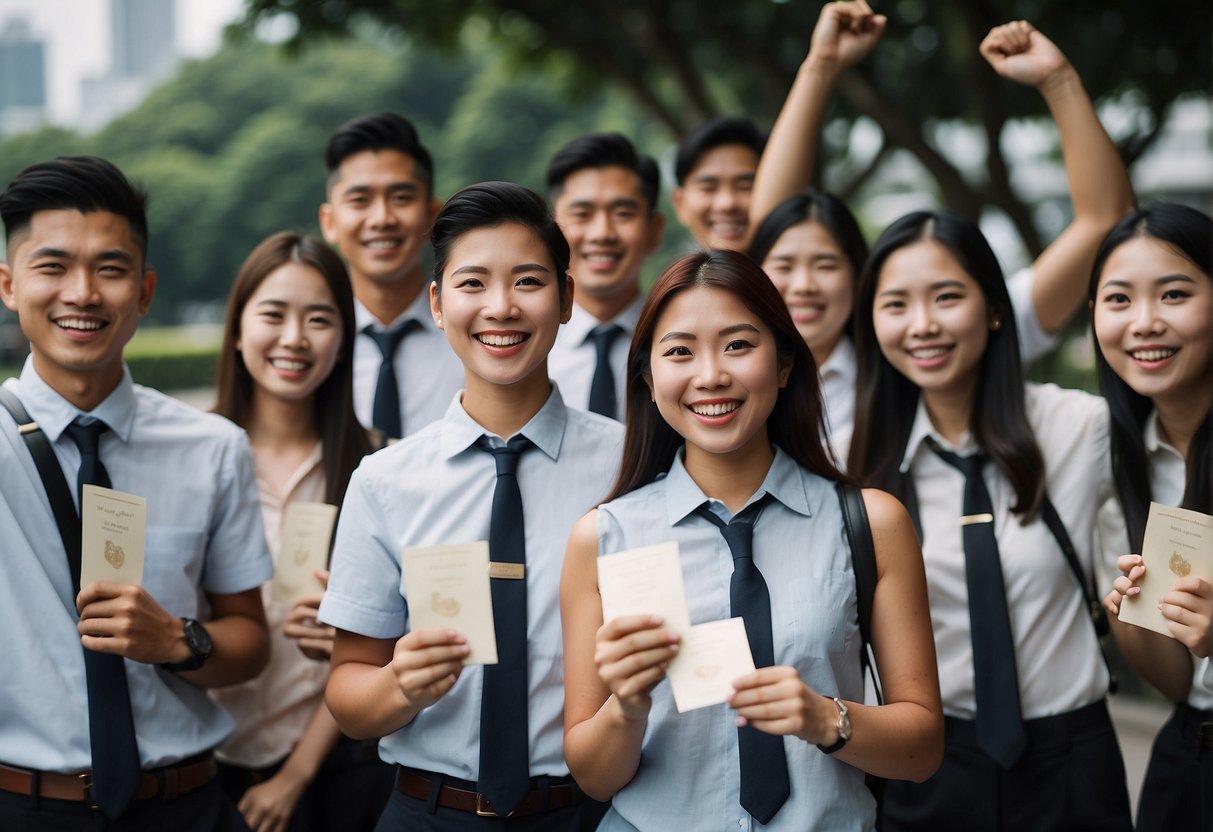 A group of students celebrate their promotions in Singapore, holding up their certificates with smiles and cheers