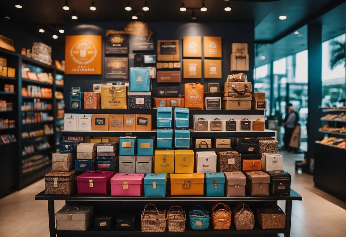 Colorful travel essentials on display at a Singapore store, with promotional signs and chic branding