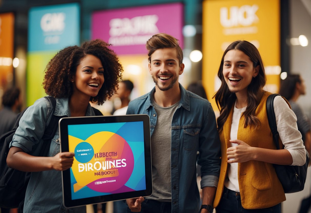 A group of students eagerly gather around a promotional display, excitedly pointing to various offers and discounts. The vibrant colors and bold text of the promotions catch the eye, creating a lively and energetic atmosphere