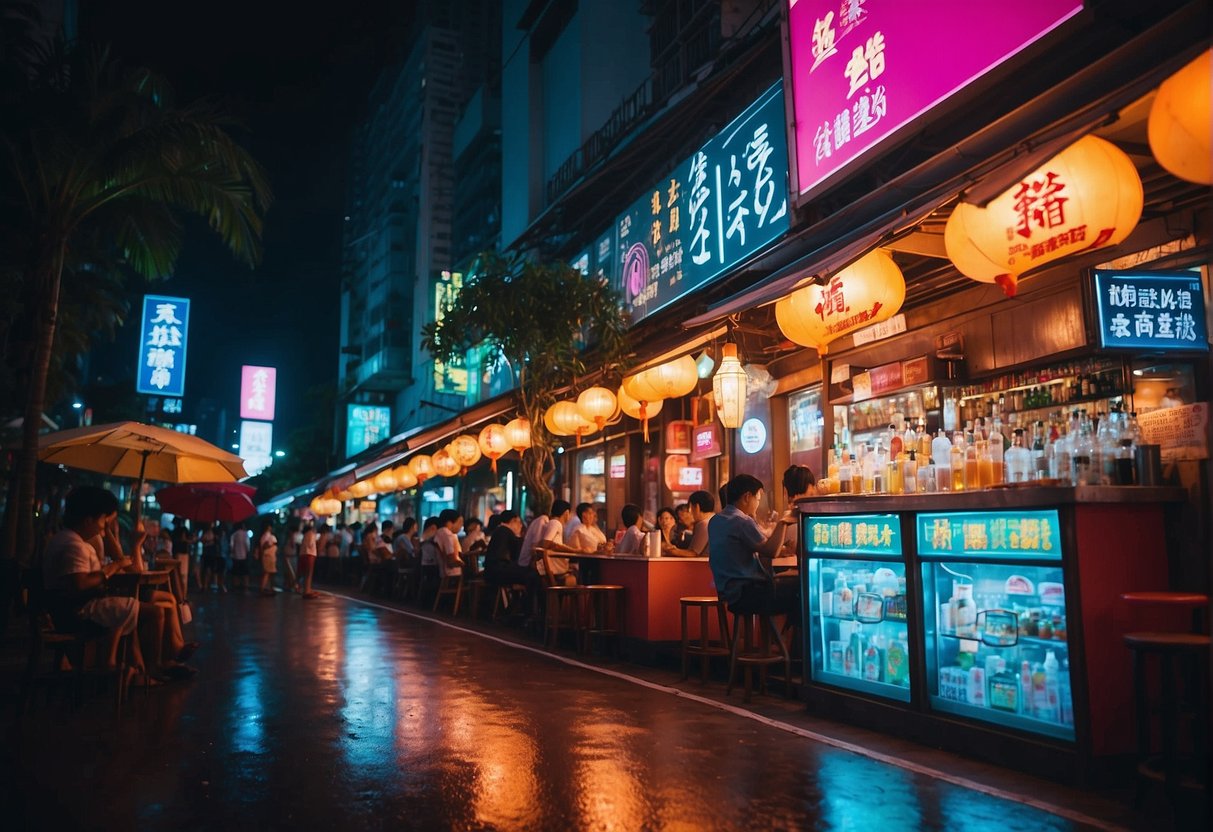 A vibrant street scene in Singapore with colorful soju promotions displayed outside of a bustling bar. Neon lights and energetic atmosphere