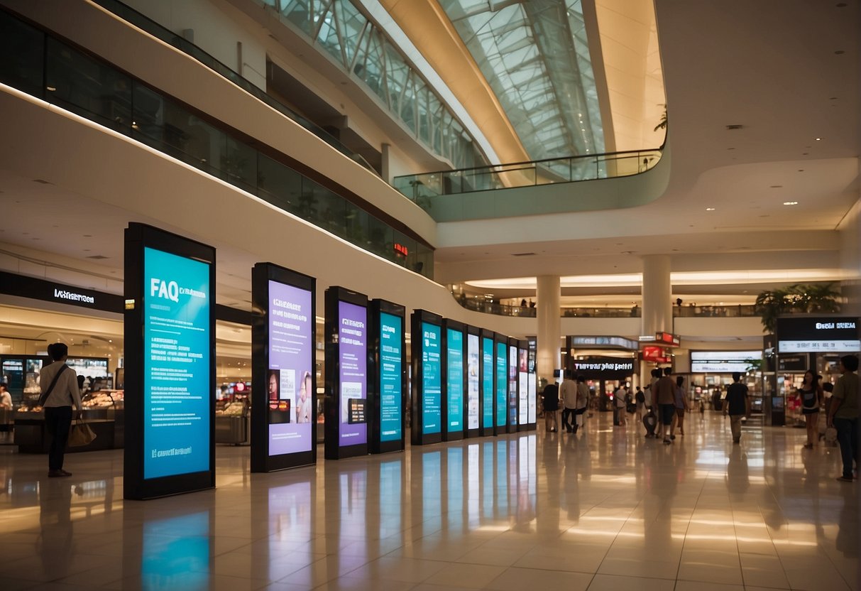 FAQ signs displayed in a busy Singapore mall, with people browsing promotions