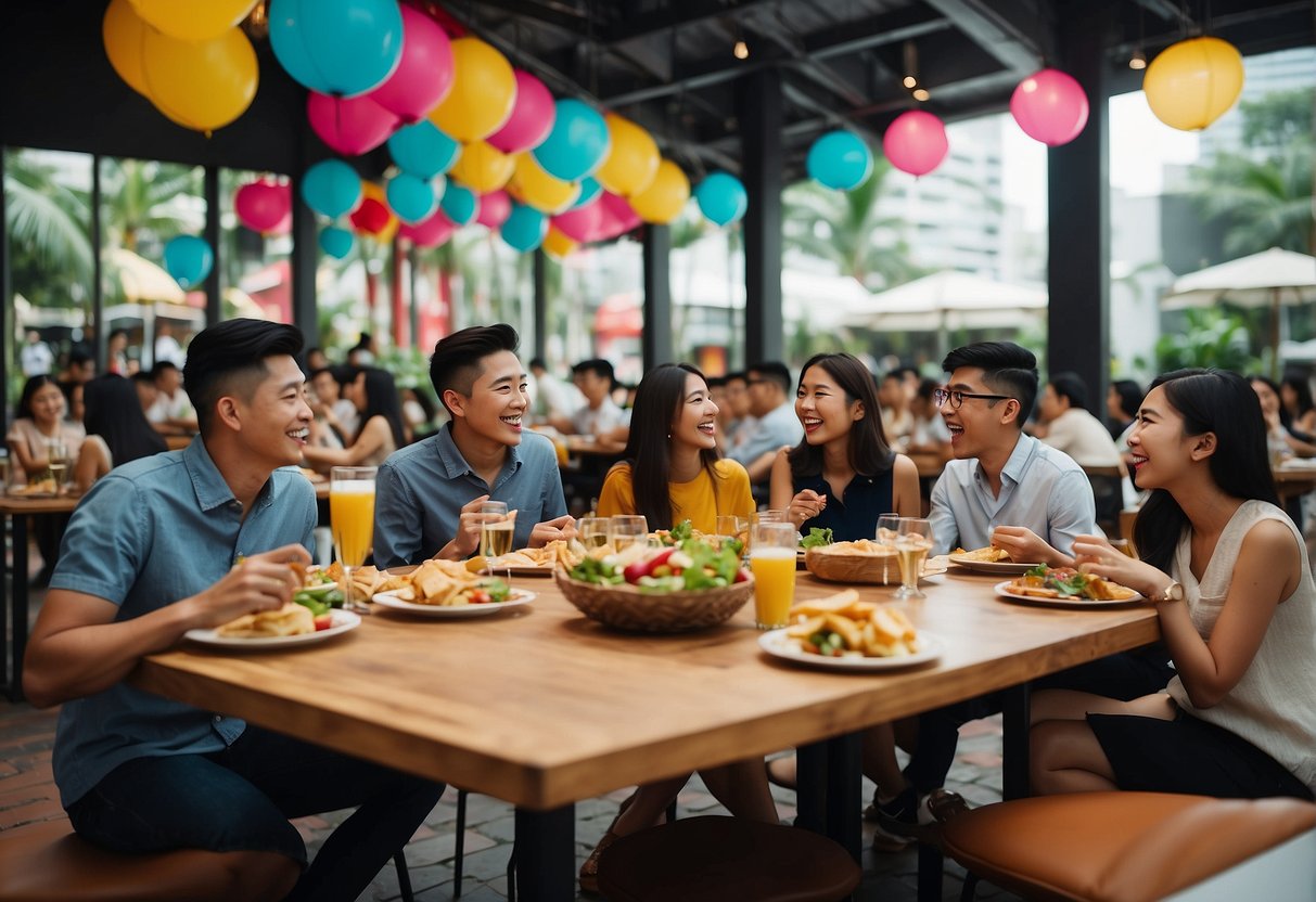 Students in Singapore enjoying exclusive food promotions, surrounded by colorful banners and excited chatter. Tables filled with delicious dishes and drinks
