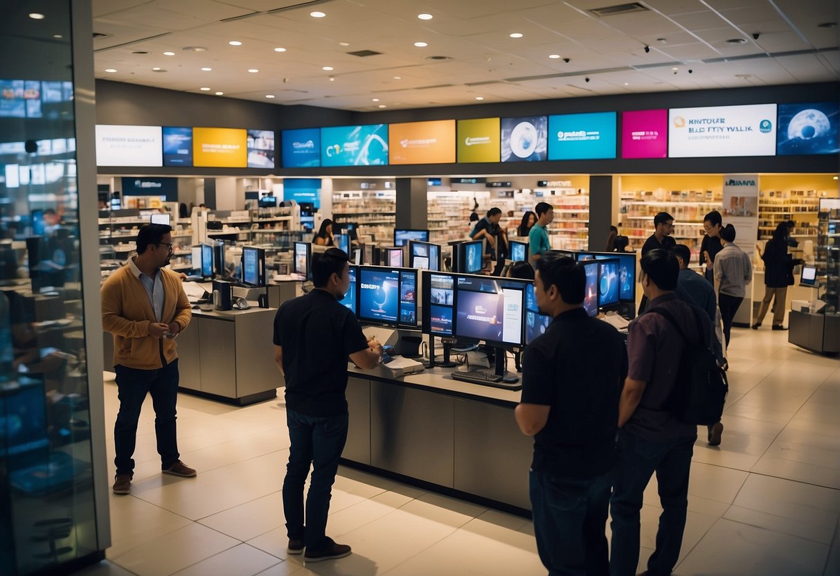 A bustling telco store with colorful promotional displays and customers inquiring about deals