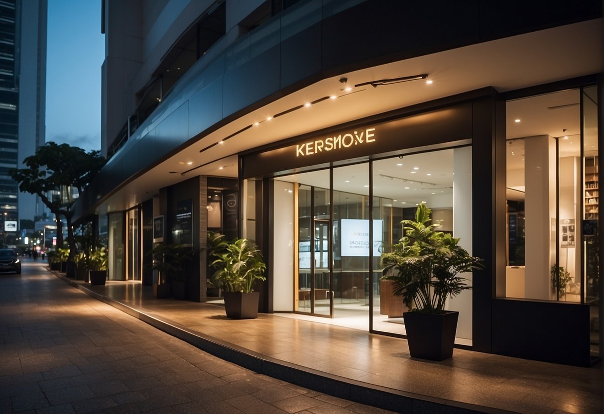 A bright spotlight shines on a sleek, modern storefront in bustling Singapore, illuminating the promotional displays and drawing attention to the vibrant atmosphere