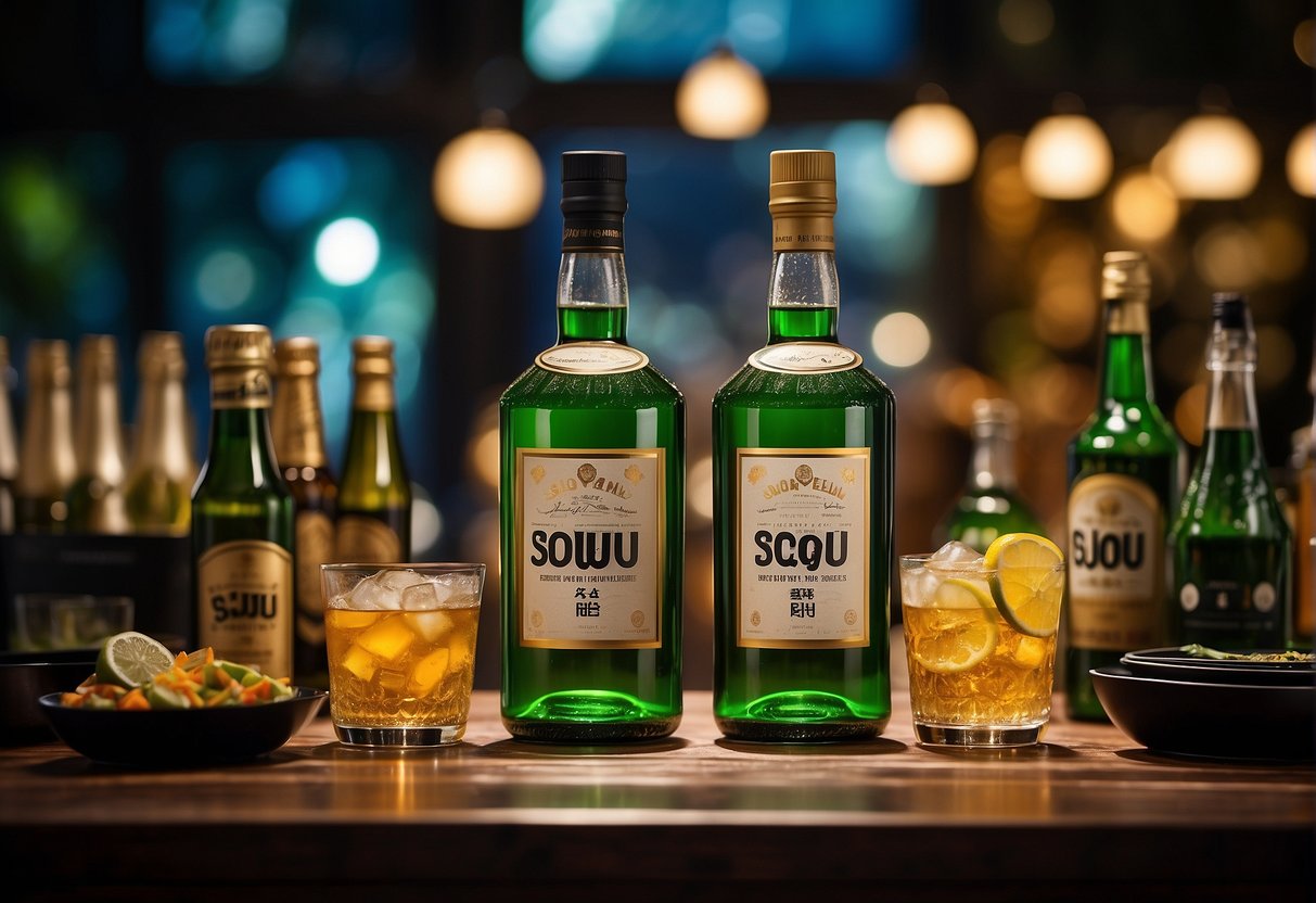 A table adorned with various premium beverage bottles, surrounded by promotional signs and discount tags, creating an enticing display for soju promotions in Singapore