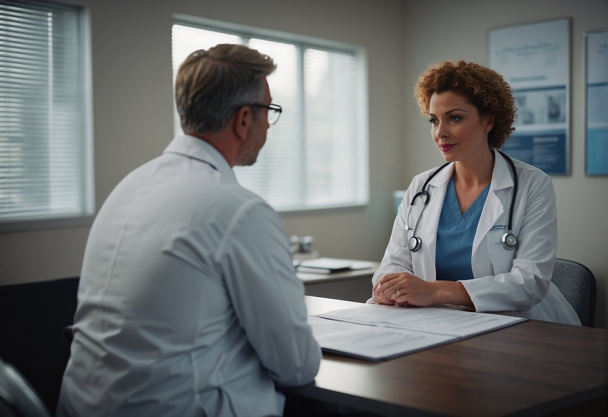 A doctor and nurse discuss patient charts in a weight loss clinic office