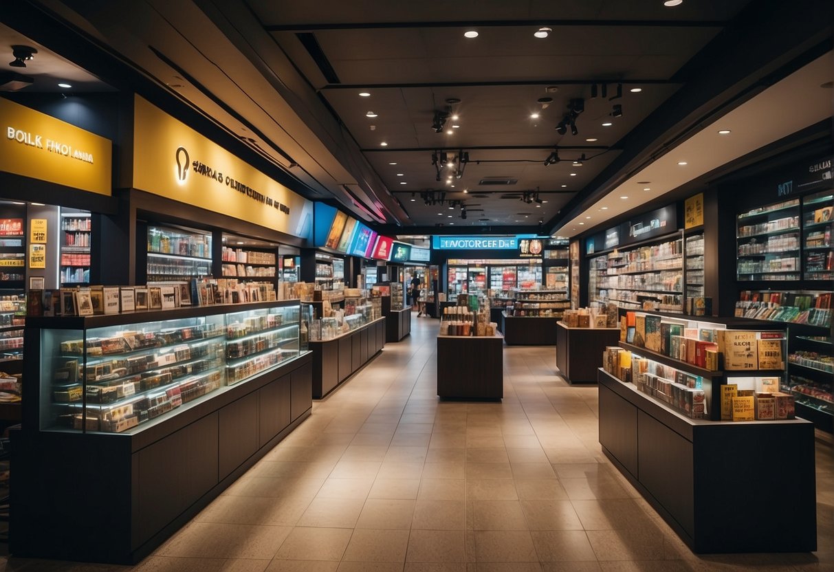 A bustling travel store in Singapore with colorful promotions displayed, including signs for frequently asked questions