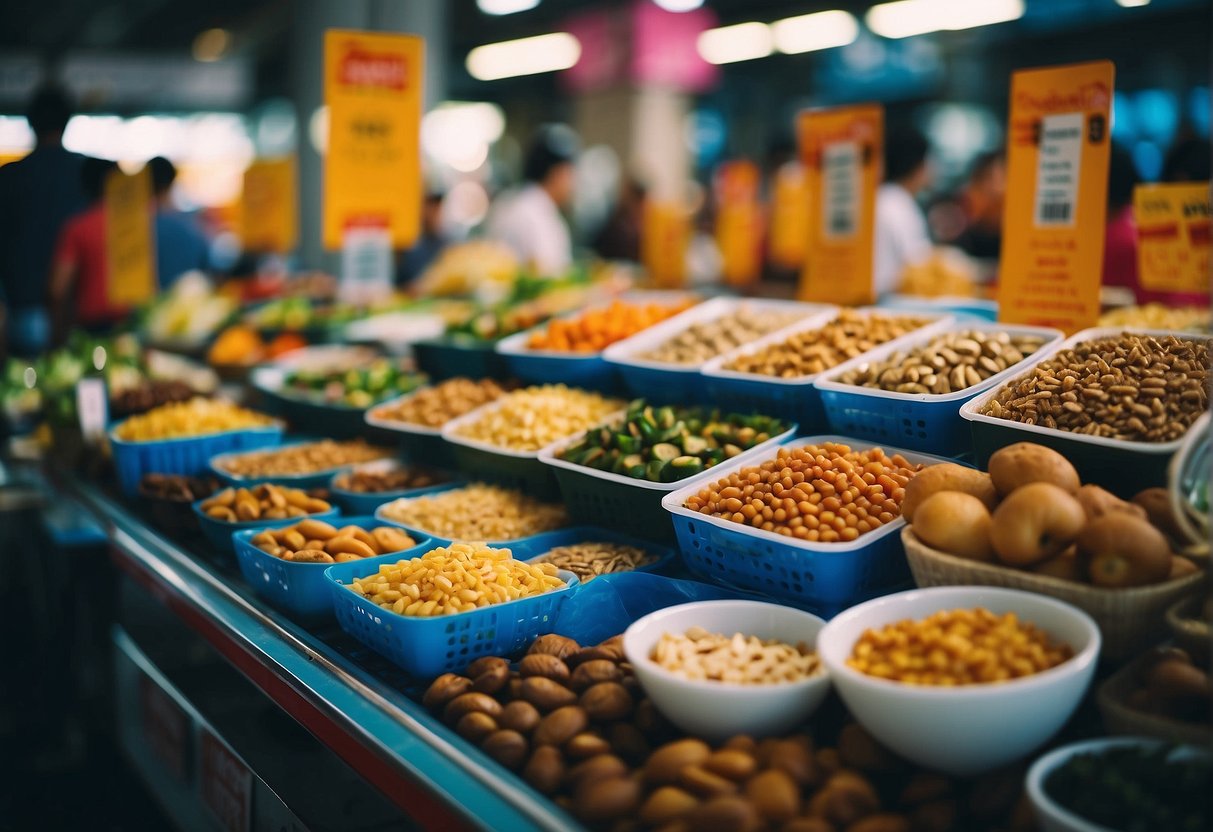 A vibrant display of "Current Promotion Highlights" at a bustling Singapore market