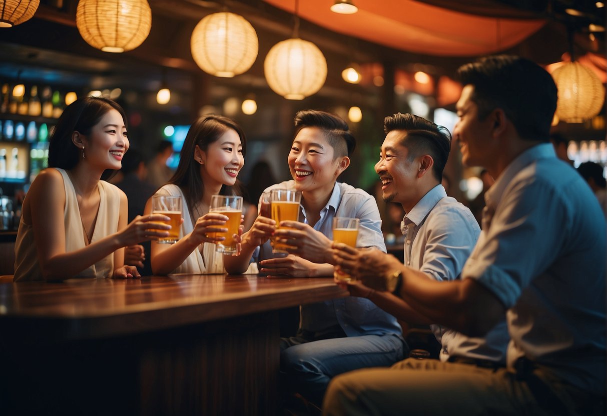 A group of people enjoying soju promotions in a lively Singapore bar, with colorful banners and signs promoting the drink