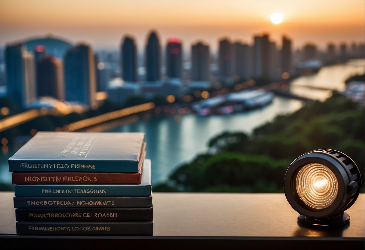 A spotlight shining on a stack of promotional materials with "Frequently Asked Questions" written on them, set against a backdrop of the Singapore skyline