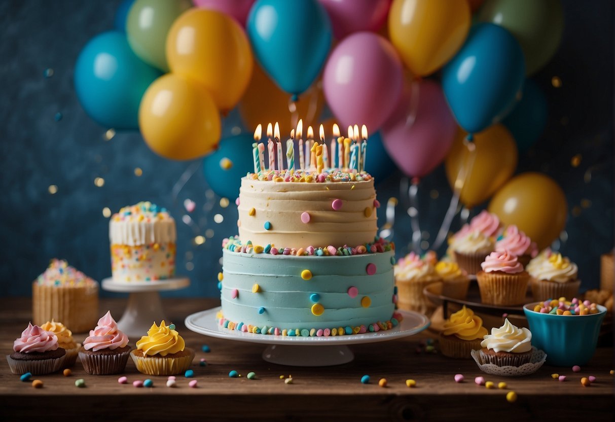 A colorful birthday cake sits on a table surrounded by cupcakes, cookies, and other sweet treats. Balloons and streamers decorate the background