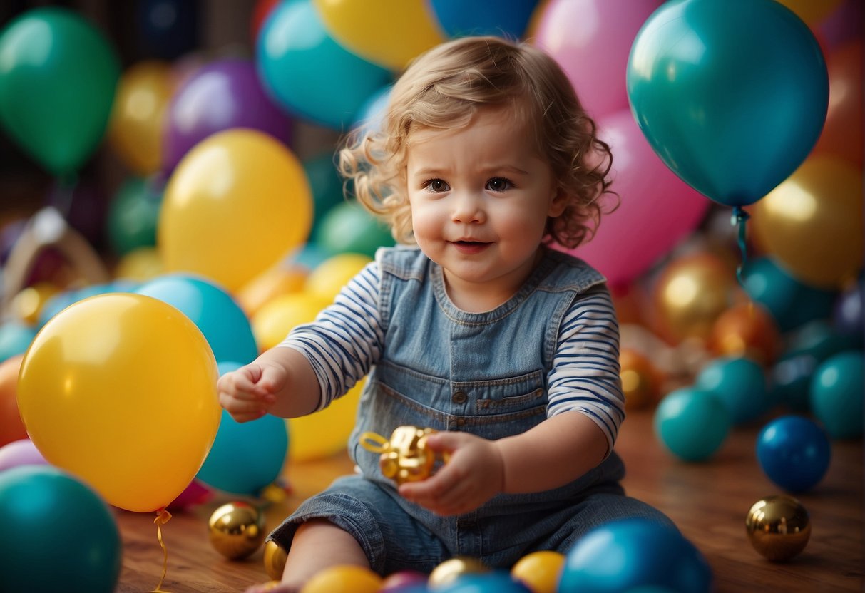 Children playing with colorful balloons and toys, surrounded by birthday decorations and a festive atmosphere