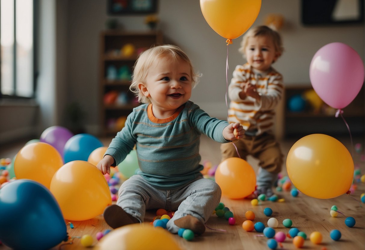 Toddlers playing with colorful balloons, stacking blocks, and dancing to music at a fun 2nd birthday party