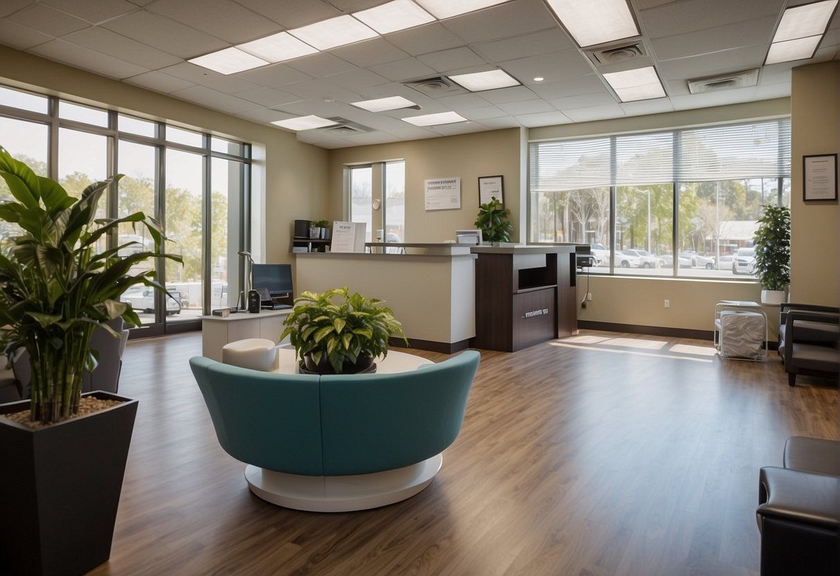 A bright, modern clinic in Atlanta with a welcoming reception area, state-of-the-art equipment, and friendly staff. Nutrition and exercise resources are prominently displayed, emphasizing a holistic approach to weight loss