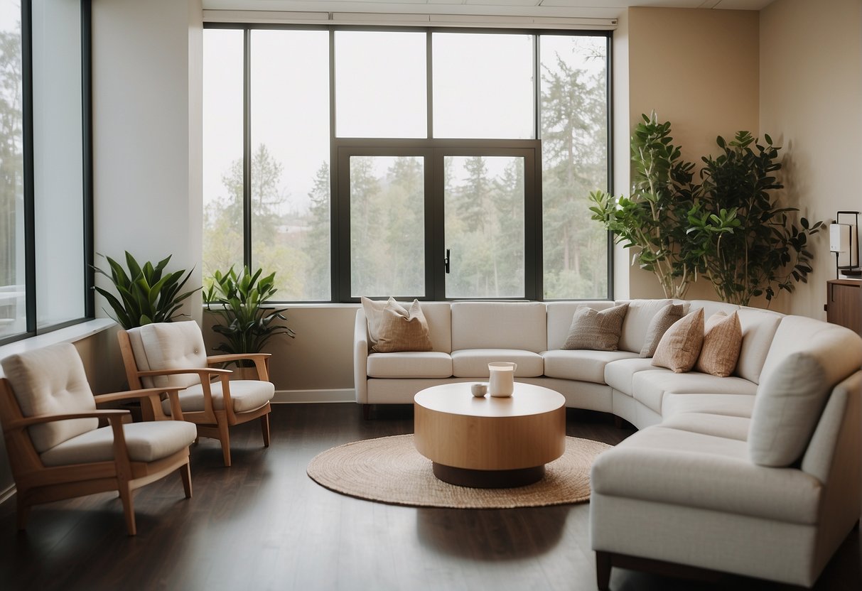 A serene and welcoming clinic space with natural light, comfortable seating, and calming decor. A reception area with friendly staff and informational materials on holistic and supportive therapies