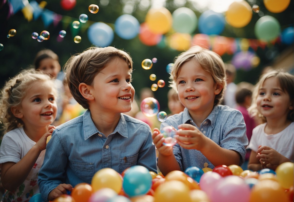 Children playing games, blowing bubbles, and enjoying a magic show at a colorful outdoor birthday party