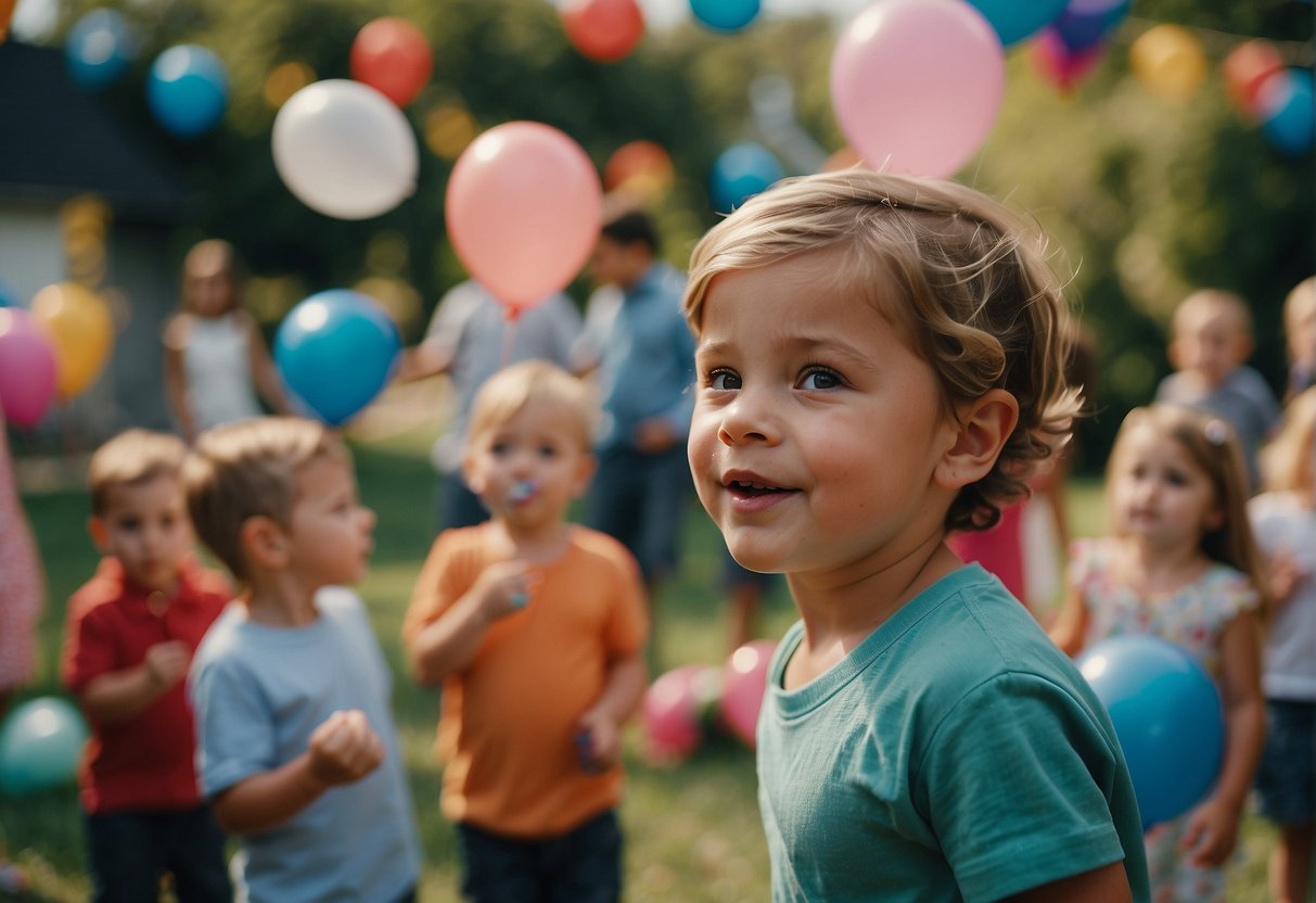 Children playing games, blowing up balloons, and enjoying entertainment at a 4th birthday party