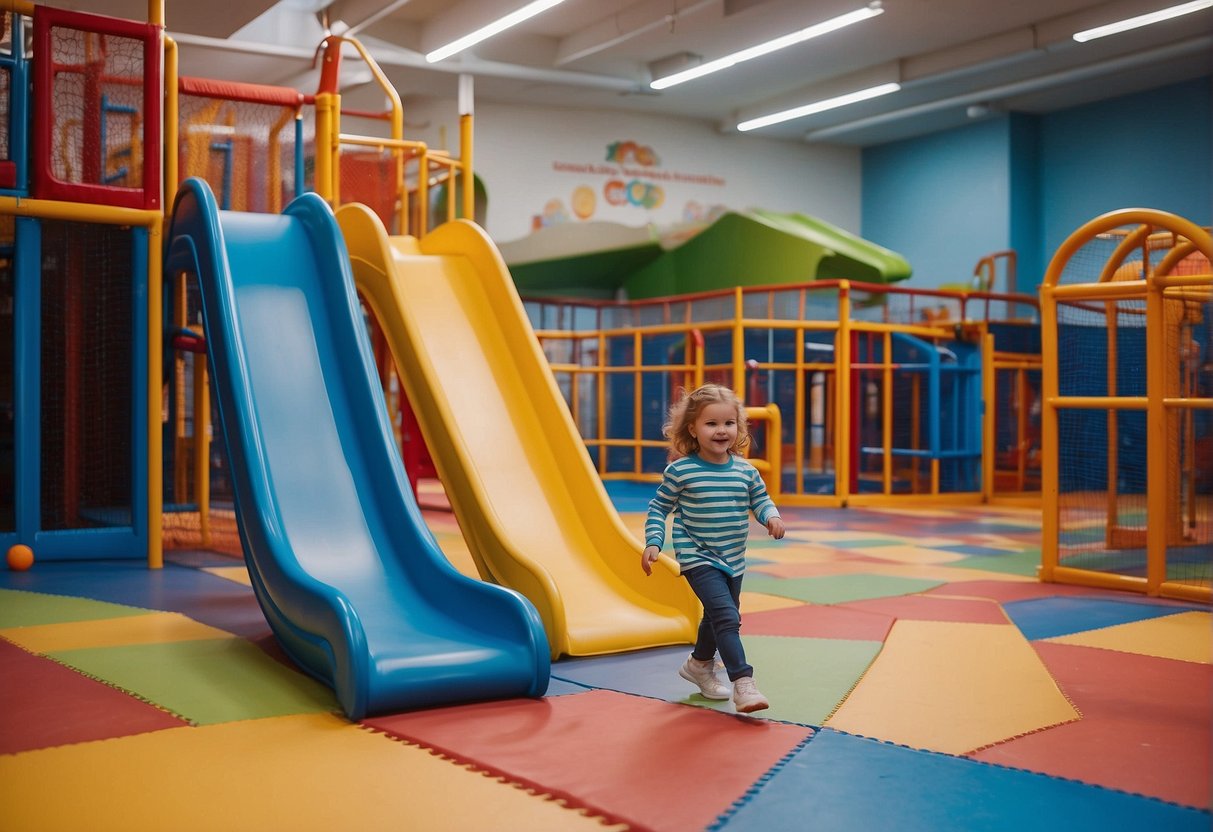 Children playing in a spacious, well-lit indoor playground with soft, padded floors and colorful, interactive equipment. Safety gates and hand sanitizing stations are strategically placed throughout the venue