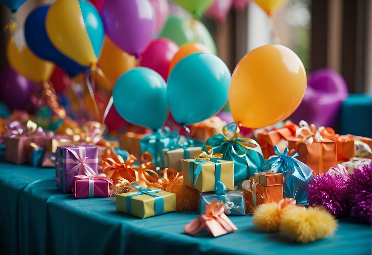 Colorful party favors and prizes arranged on a table, with balloons and streamers in the background. Gift bags, small toys, and candy fill the space