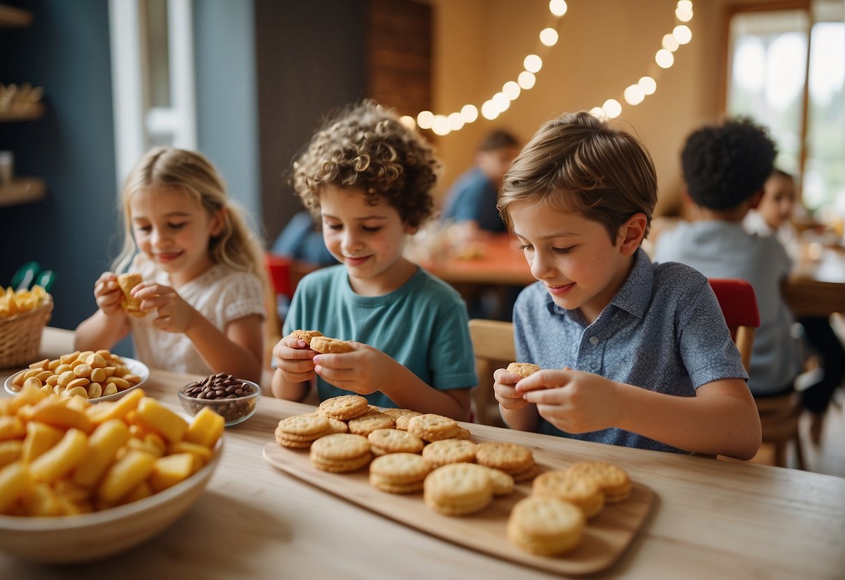 Children playing with allergen-free snacks and reading ingredient labels at a birthday party