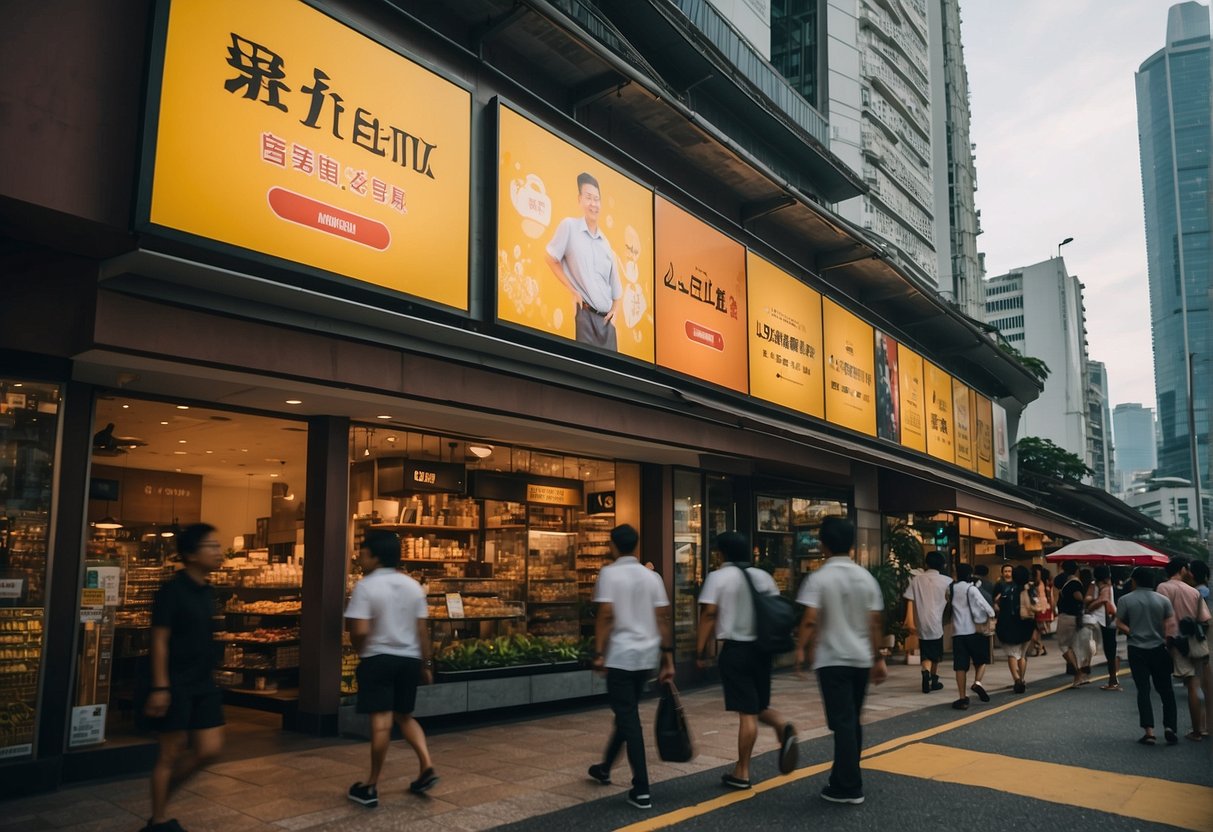 Vibrant signage and banners adorn storefronts in bustling Singapore for August promotions
