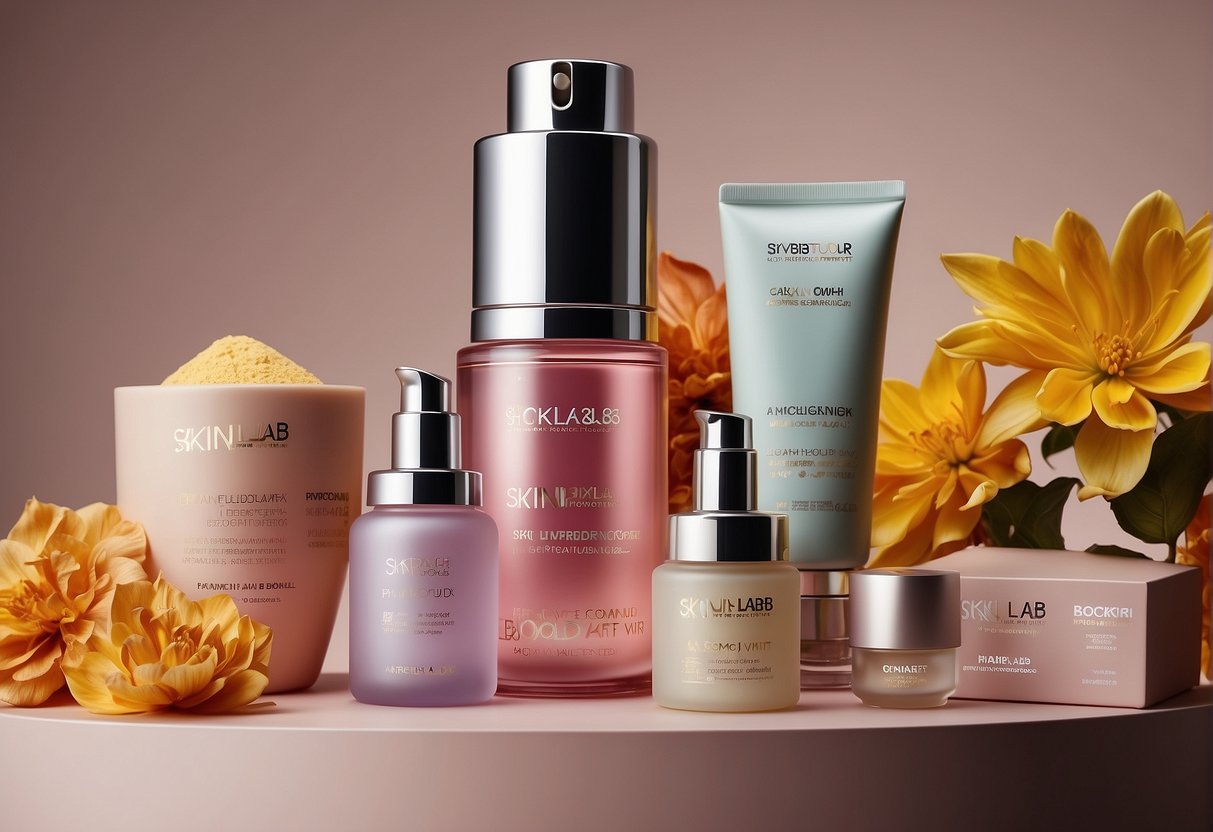 A banner advertising Skin Lab Singapore promotions with vibrant colors and bold text, surrounded by various skincare products and a sleek, modern aesthetic