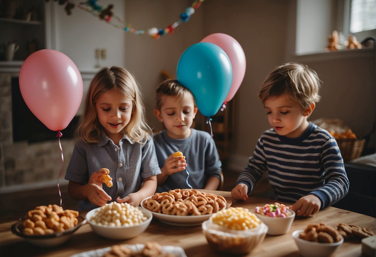 Children playing games, blowing up balloons, setting up decorations, and preparing snacks for a 4th birthday party