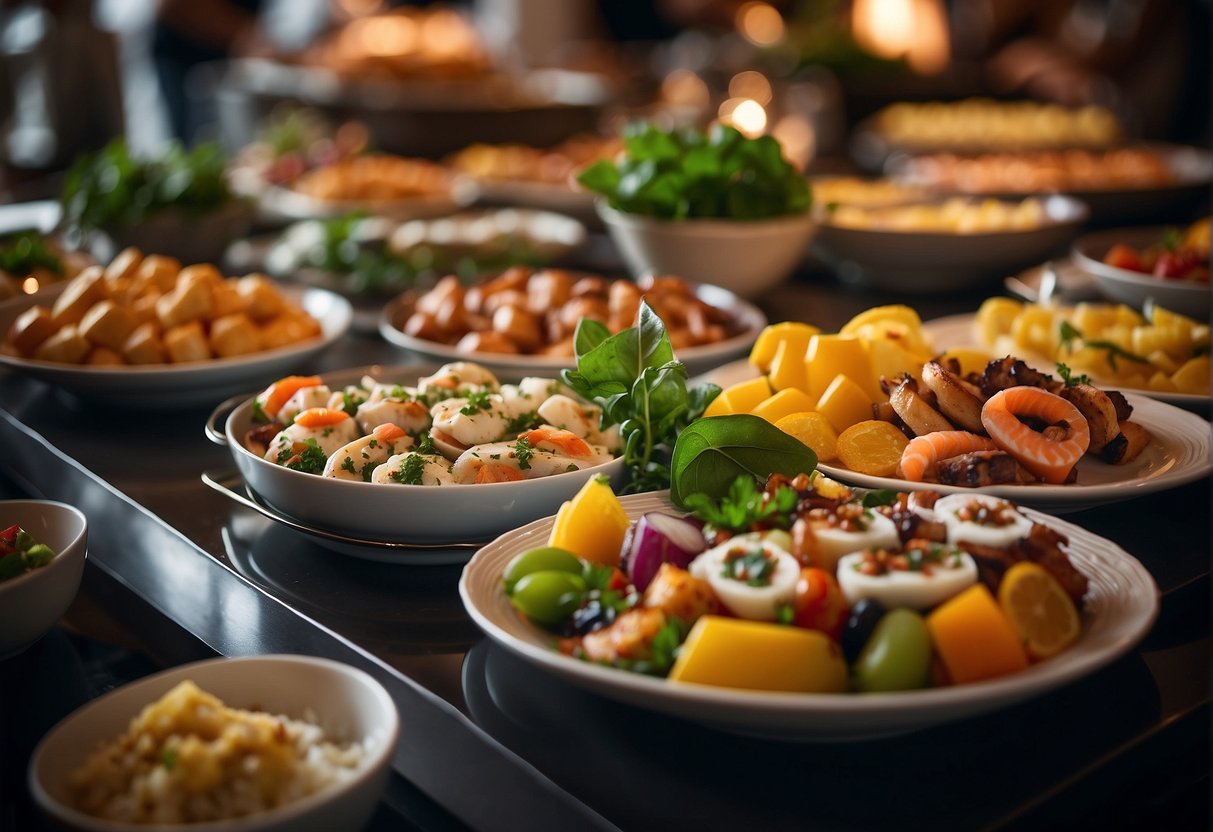 A lavish hotel buffet spread in Singapore with colorful dishes and enticing promotions displayed on elegant signage