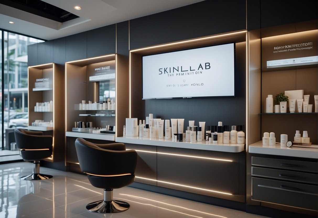 A sleek, modern skincare clinic with bold signage and a display of exclusive 2024 promotions at SkinLab in Singapore