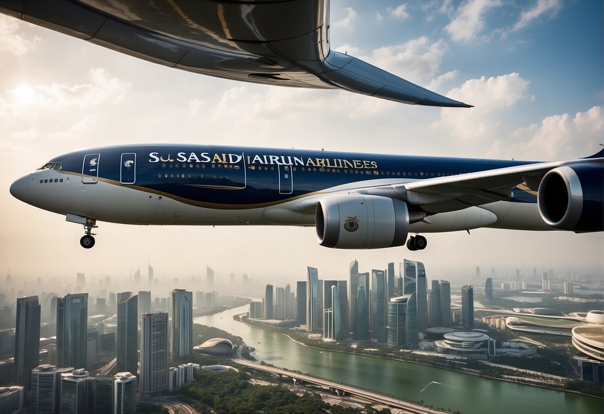 A Saudi Airlines plane flies over the iconic skyline of Singapore, with promotional banners and advertisements visible from the aircraft's window