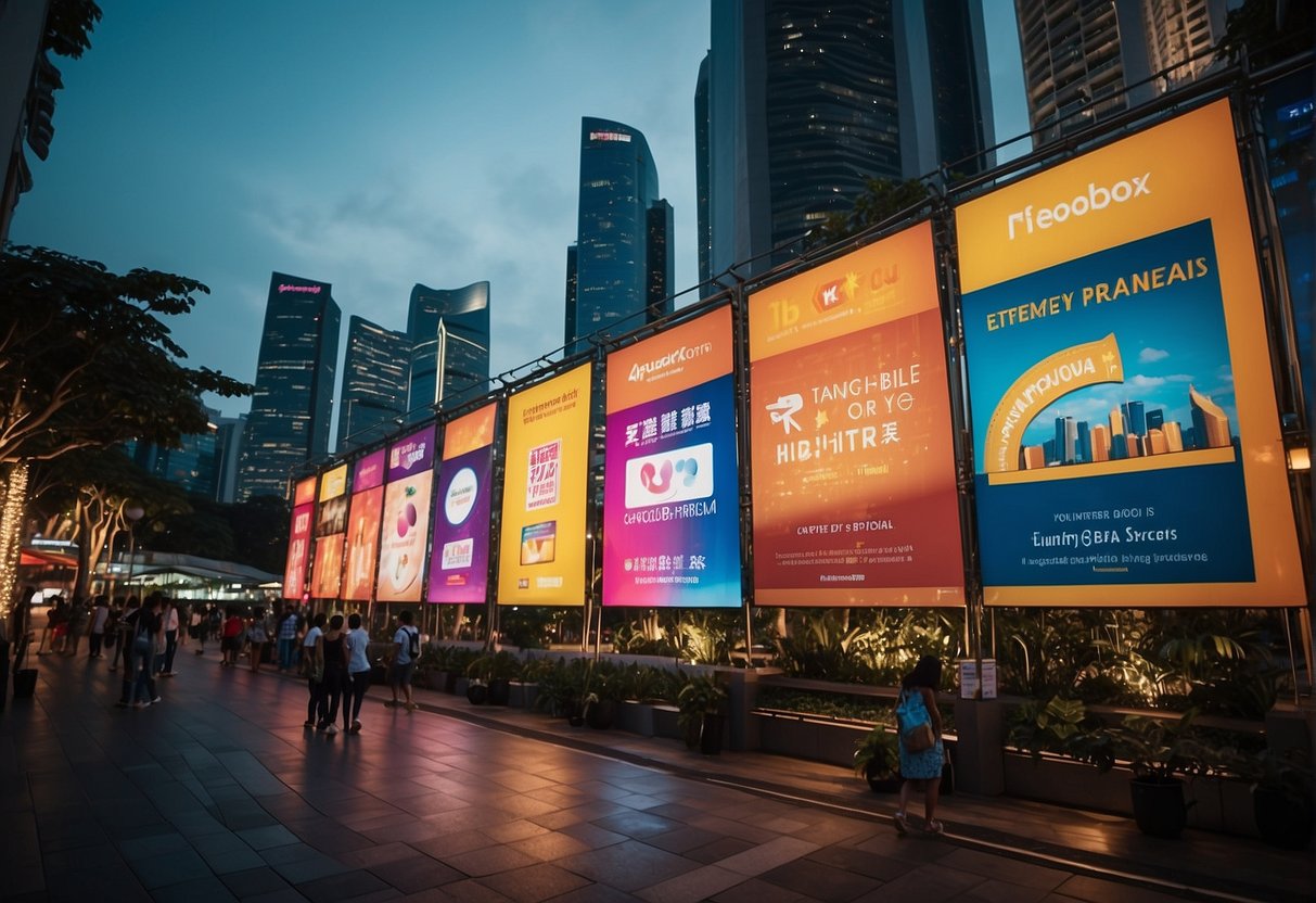 Colorful banners and signs for featured brands and venues adorn the streets of Singapore, promoting August's special promotions